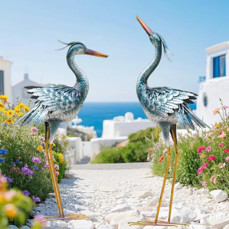 Outdoor Heron Sculpture Set of 2, Large Metal Crane Statues for Lawn & Garden Art