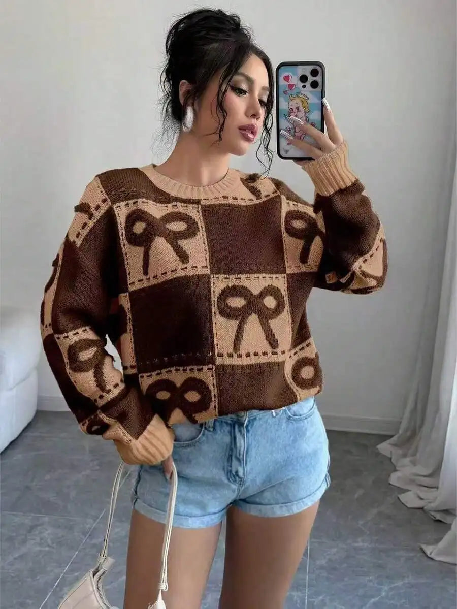 Pink & White Checkered 3D Bow Knit Pullover Sweater, Round Neck, Fall Winter Casual Style