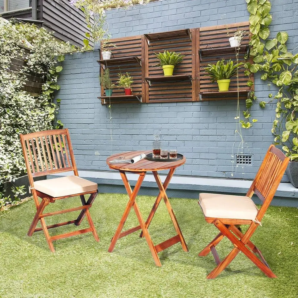 Outdoor Patio Bistro Set with Folding Wooden Table and 2 Cushioned Chairs, Natural and Beige for Garden and Yard