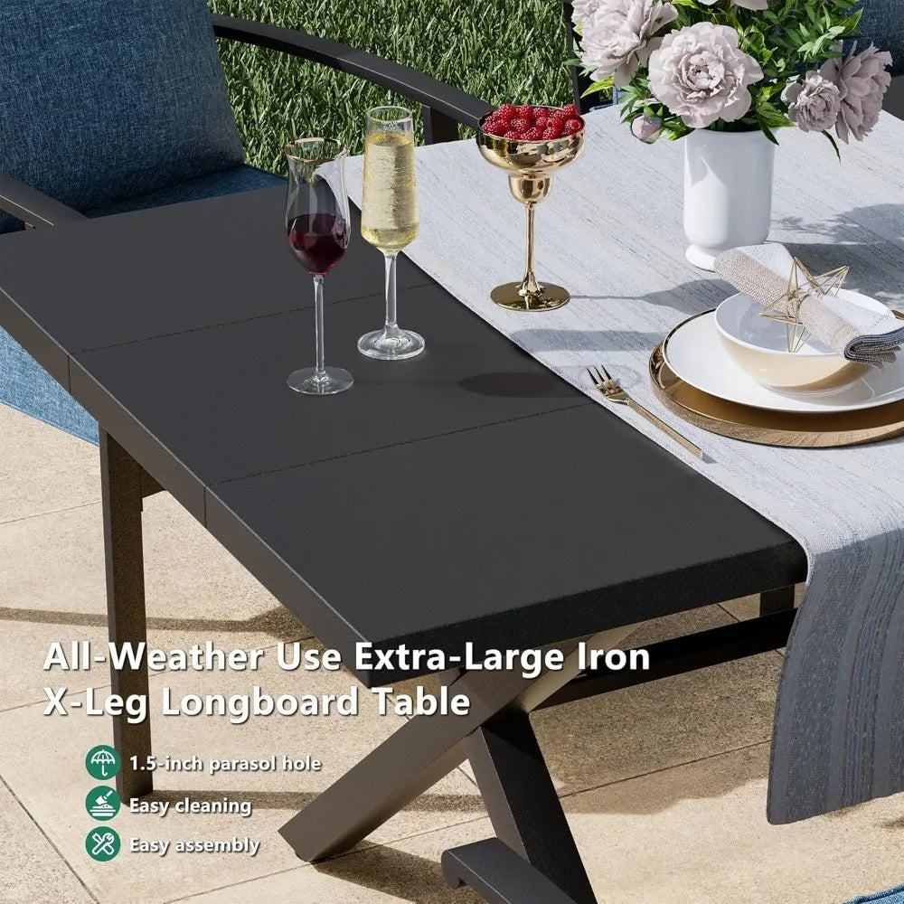 9 PCS Outdoor Dining Table Set for 8, Fence Pattern Back Chairs & Swivel Chairs, Iron Longboard X-Leg Table w/Parasol Hole, Pat