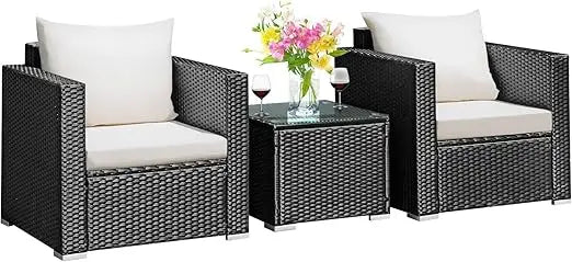 COSTWAY 3-Piece Outdoor Patio Furniture Set, Cushioned Armchairs and Tempered Glass Coffee Table, Wicker Rattan Sofa Set for Gar