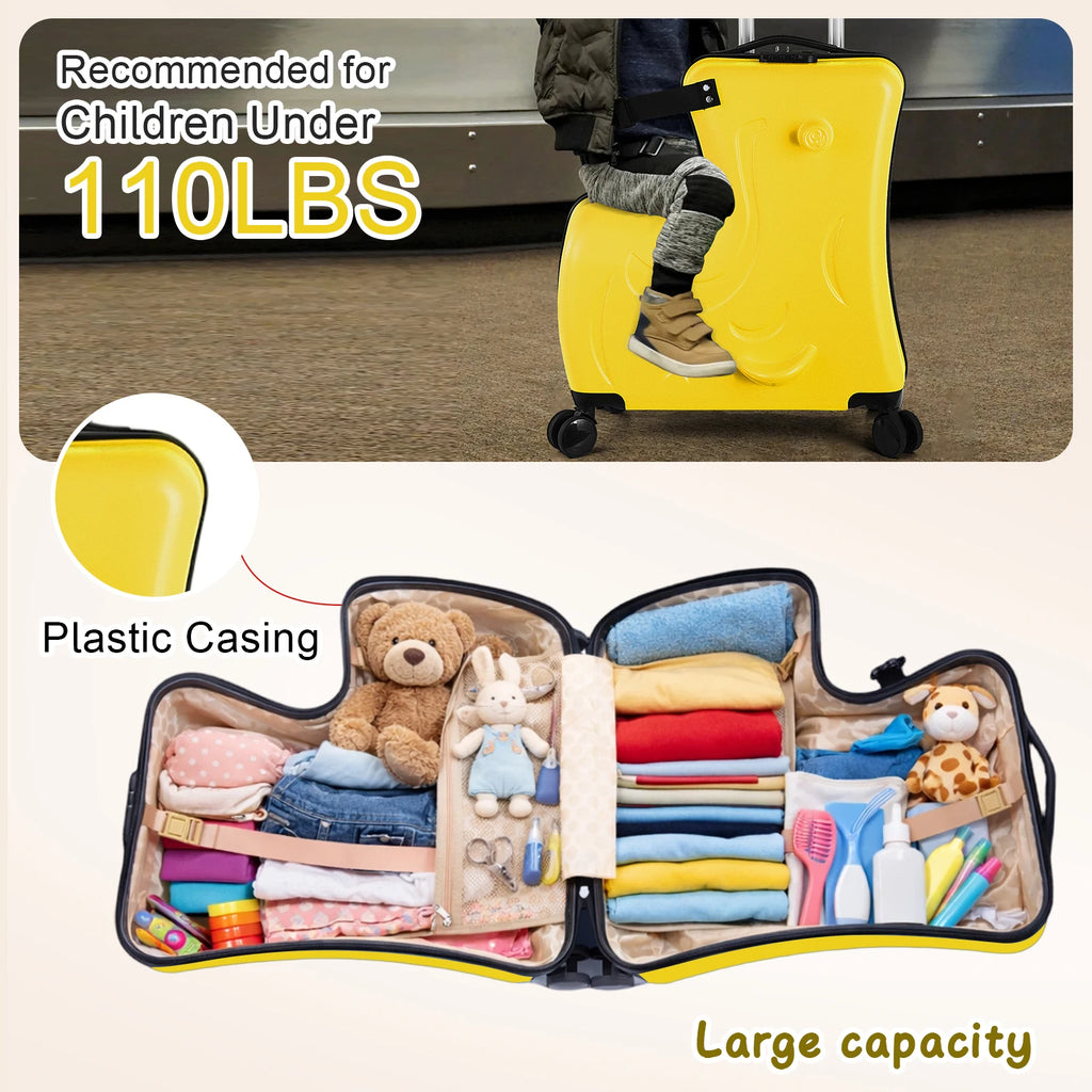 Kids Ride On Luggage 24 Inch, Toddler Travel Suitcase with Safety Belt & Wheels - Yellow Carry On for Airplane,Car Seat,Toddlers