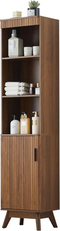 68' Tall Narrow Bathroom Cabinet, Walnut Fluted Storage Unit with Door & Shelves, Slim Space-Saving Design for Bath, Kitchen, Li