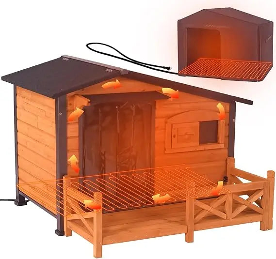 GUTINNEEN Heated Dog House Outdoor Dog Kennel with Safe Heated Pad, Chew-Proof Metal Frame and Rotating Food Bowl for Small to M