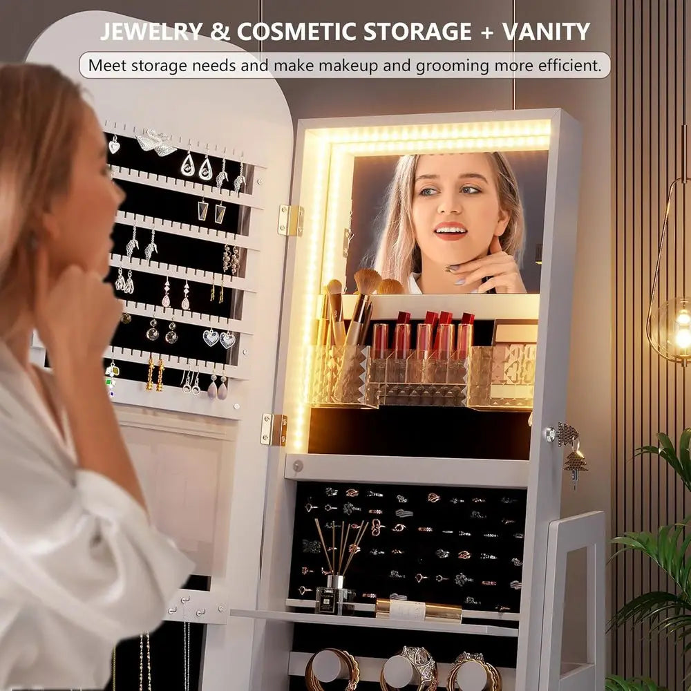 Swivel jewelry organizer with Full Length Mirror with Lights, Jewelry Armoires Cabinet Standing with Drawer, Large Mirror Storag