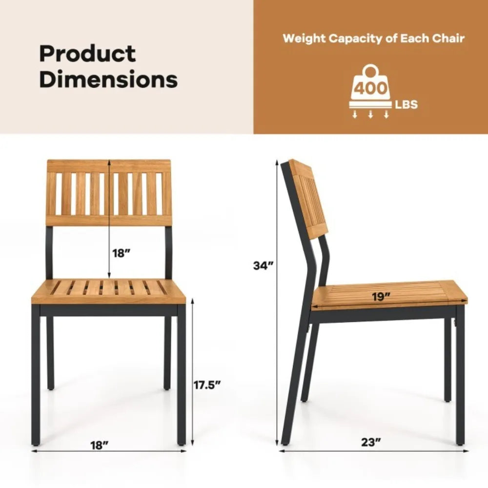 Set of 2 Outdoor Chairs Metal Patio Dining Armchair Furniture Acacia Wood Seat