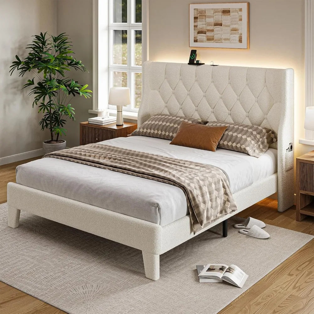 Full Size Bed Frame with Headboard, White Platform Bed Frame with Type-C and USB Ports, Wingback Bedframe with Headboard and Sto