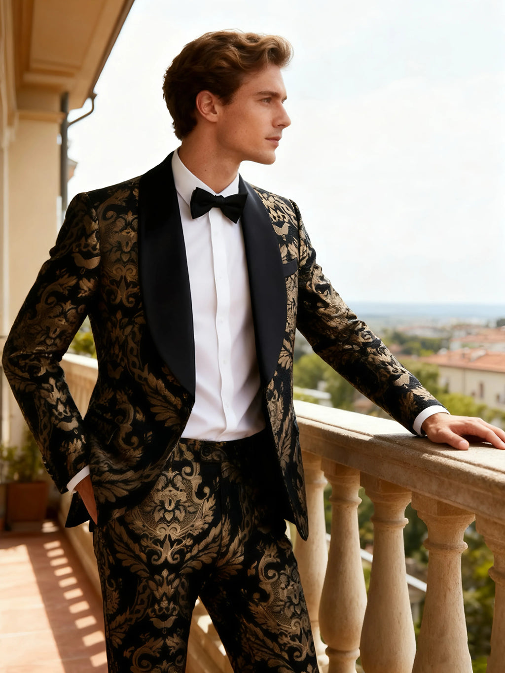 Men's jacquard Silm fitted suit 2-piece set with shawl collar and tailcoat, suitable for weddings, parties, dances, and other oc