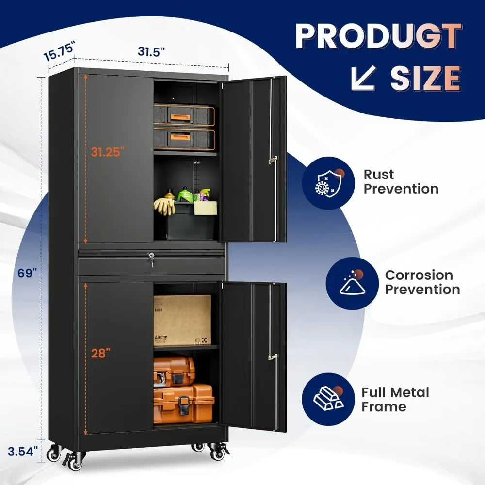 Yizosh Metal Garage Storage Cabinet with Secure Locking Doors and Adjustable Shelves, 73-Inch Rolling Tool Storage Cabinet with