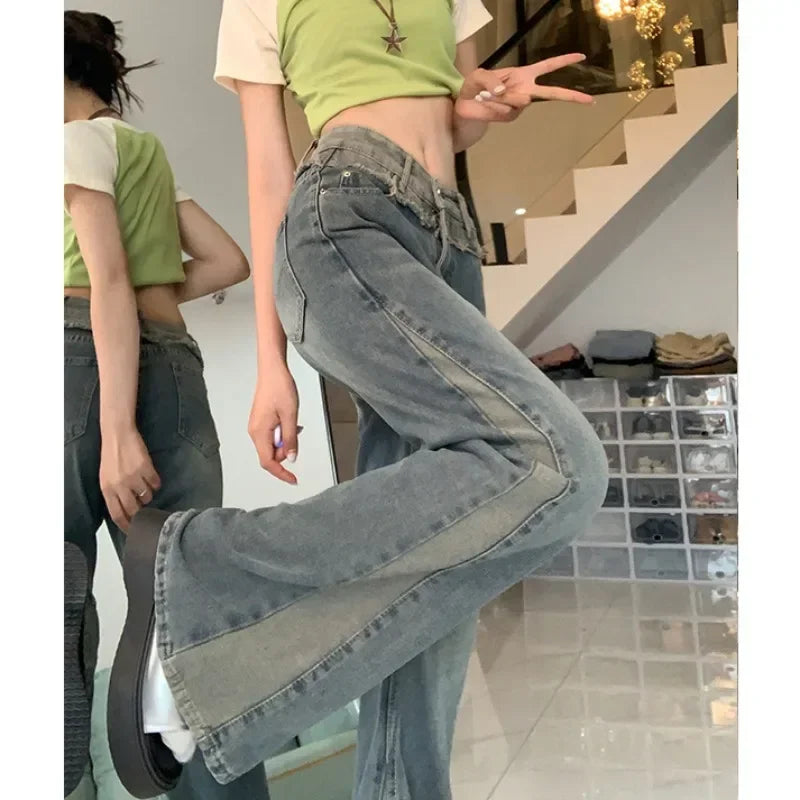 Slimming High Waist Bell Bottom Jeans Women's plus Size Patchwork Design American Retro Style Autumn New Arrival Long Pants