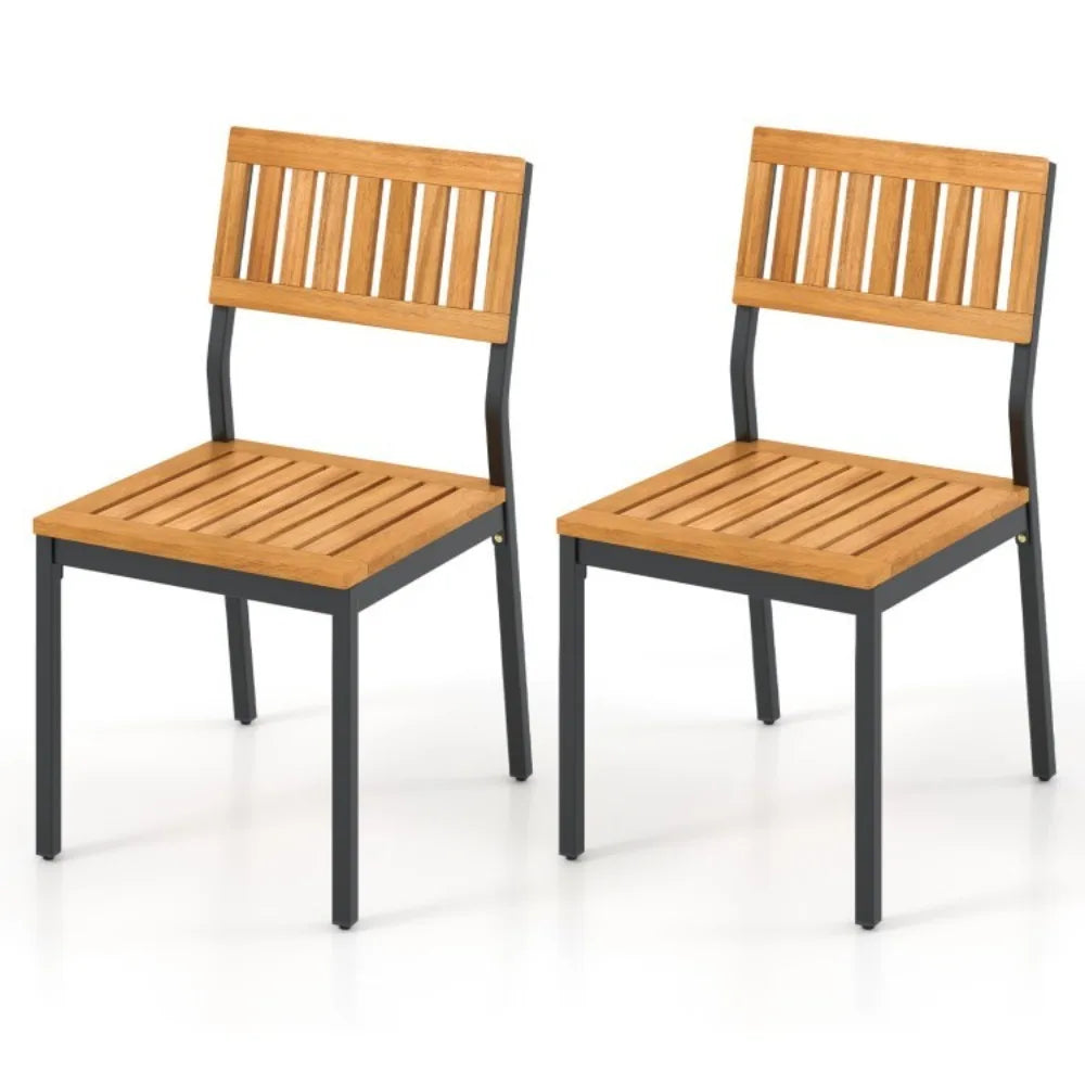 Set of 2 Outdoor Chairs Metal Patio Dining Armchair Furniture Acacia Wood Seat