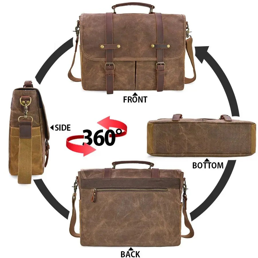 Messenger Bag 15.6 Inch Waterproof Vintage Genuine Leather Waxed Canvas Briefcase Large Leather Computer Laptop Bag Rugged Satch