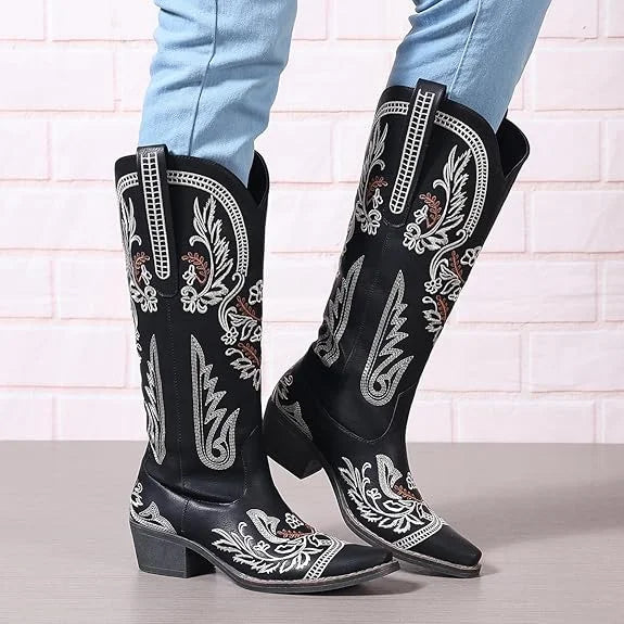 GIGIFOX Knee-High Boots Cowboy Boots For Women Western Cowgirl Boots Outdoor Mid Calf Snip Toe Boot With Chunky Heel Dress Wear