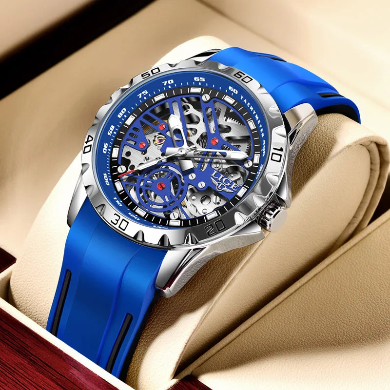LIGE New Watches Mens Skeleton Mechanical Automatic Watch Top Brand Luxury Luminous 30M Waterproof Watch For Men Relojs Hombre