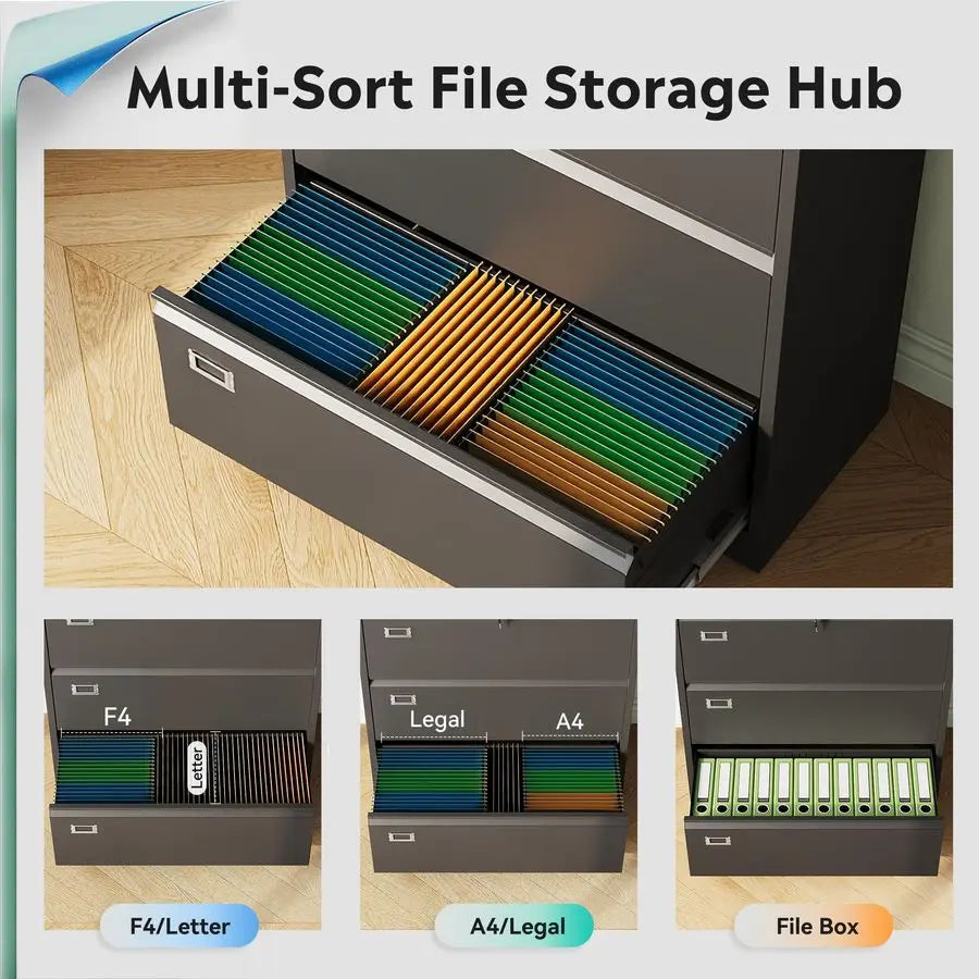 4 Drawer Lateral File Cabinet with Lock, Metal Filing Cabinets for Home Office, 16 D x 35 W x 52 H Wide Storage Organization fo