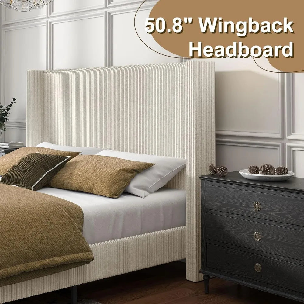 King Size Upholstered Platform Bed Frame, Wingback Bed with 50.8 Headboard, Corduroy/Solid Wood Leg/No Box Spring Needed/No