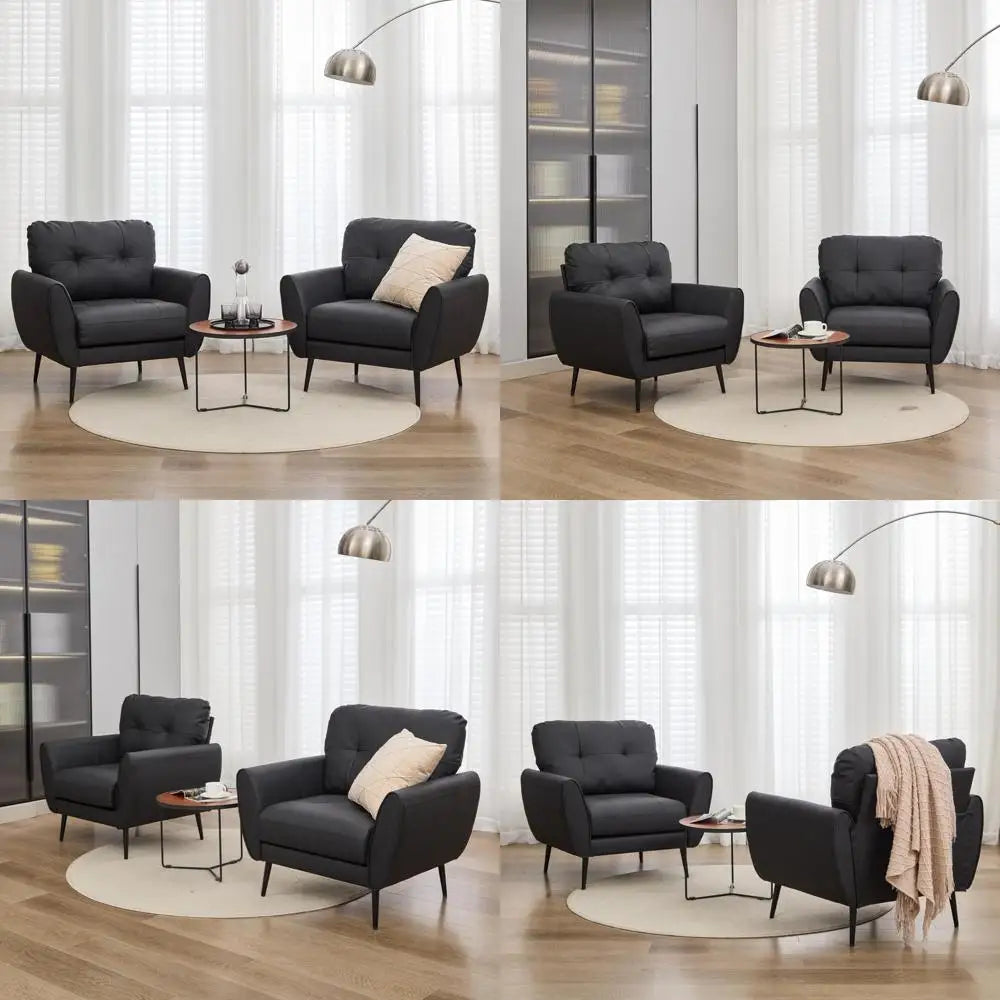 TYBOATLE Accent Chairs Set of 2, Comfy Modern Living Room Chair Black Leather Reading Accent Chairs Tufted Mid Century Arm Chair