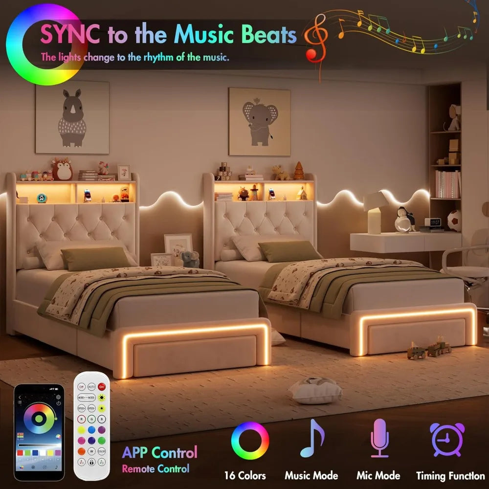 Twin LED Bed Frame with Storage Headboard & Charging Station, Velvet Fabric Platform Bed Frames with 3 Drawers, No Box Spring Ne