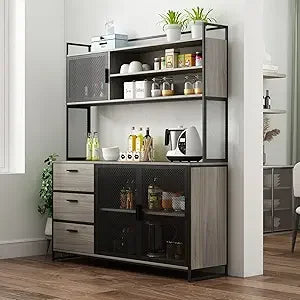 Modern Wood Sideboard Buffet Storage Cabinet with Hutch, 3 Metal Mesh Doors, 3 Drawers & Shelves, Kitchen Pantry Cupboard Conso