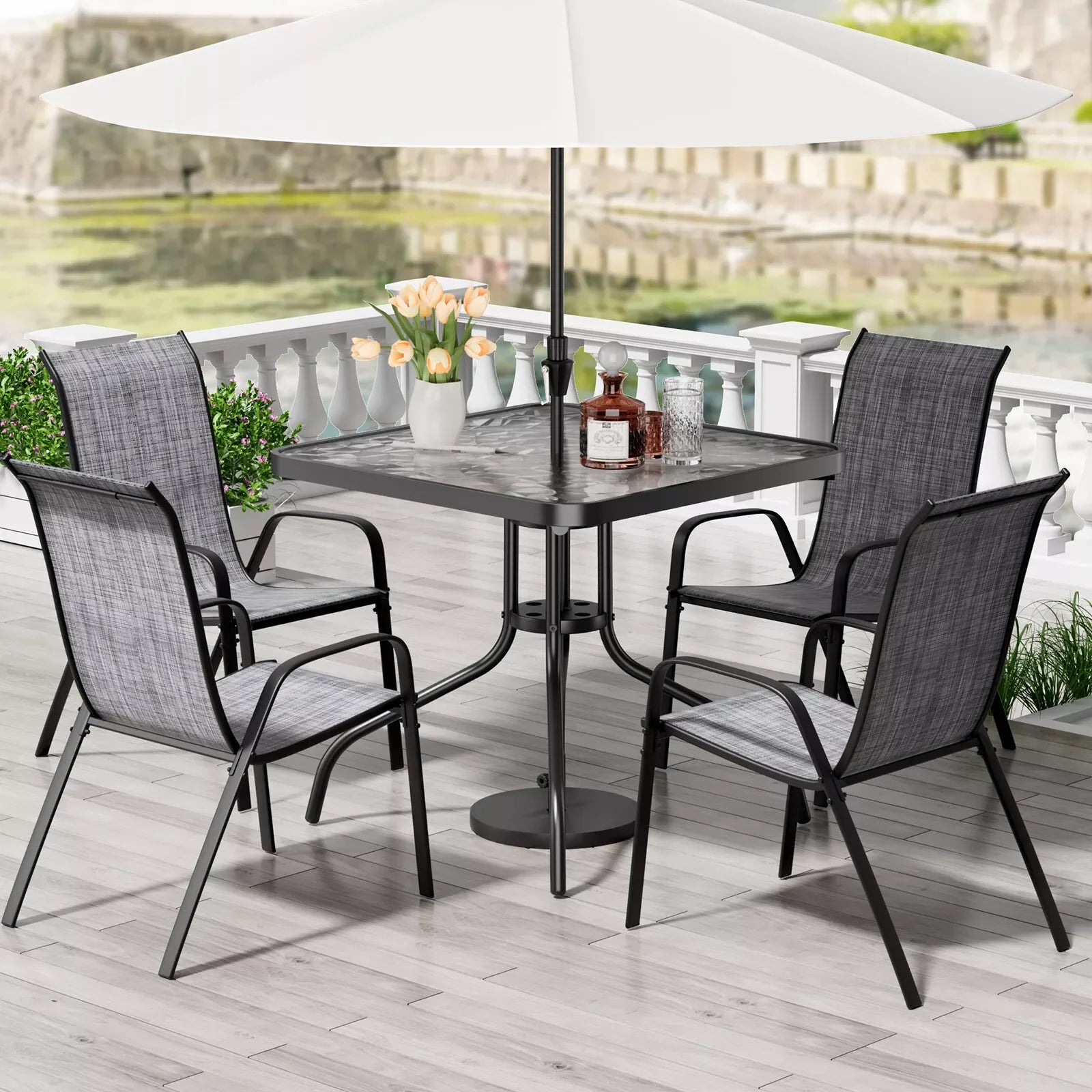 Patio Dining Set 5 Pieces, All Weather Outdoor Furniture W/ 30"x30" Table and 4 Stackable Textilene Chairs, Metal Table & Chairs