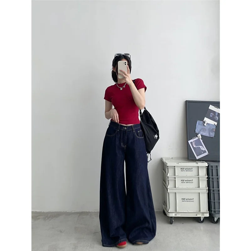 Blue Womens Jeans High Waist Vintage Straight Summer Y2K Classic Denim Pants Streetwear American Wide Leg Baggy Denim Trouser