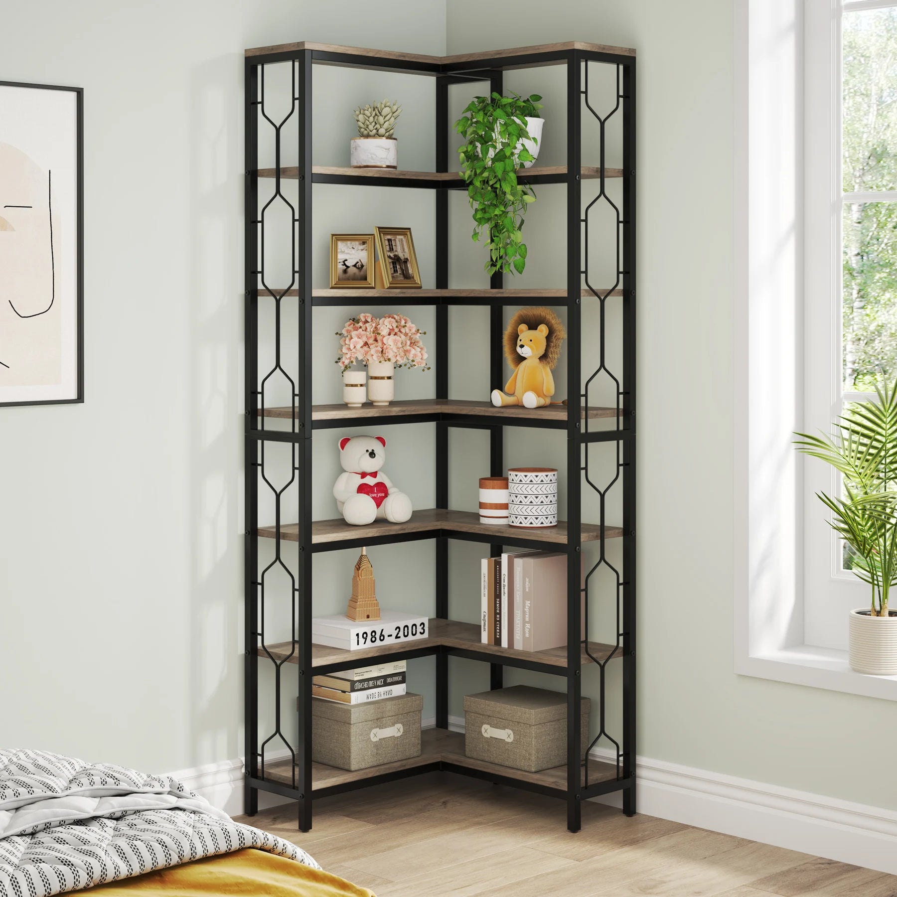 Tribesigns Corner Shelf, 7-Tier Industrial Corner Bookshelf, Wood and Metal Corner Etagere Bookcase