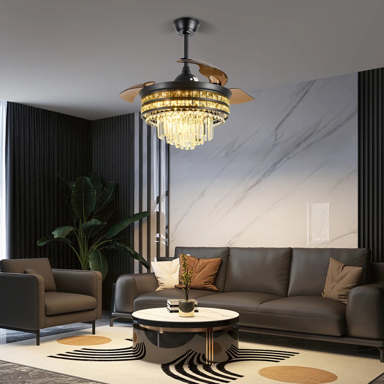 Smart RC Ceiling Fan Lamp Led Light Modern Home Decor Crystal Black Chandelier Living Dining Room Indoor Fixture Intelligent