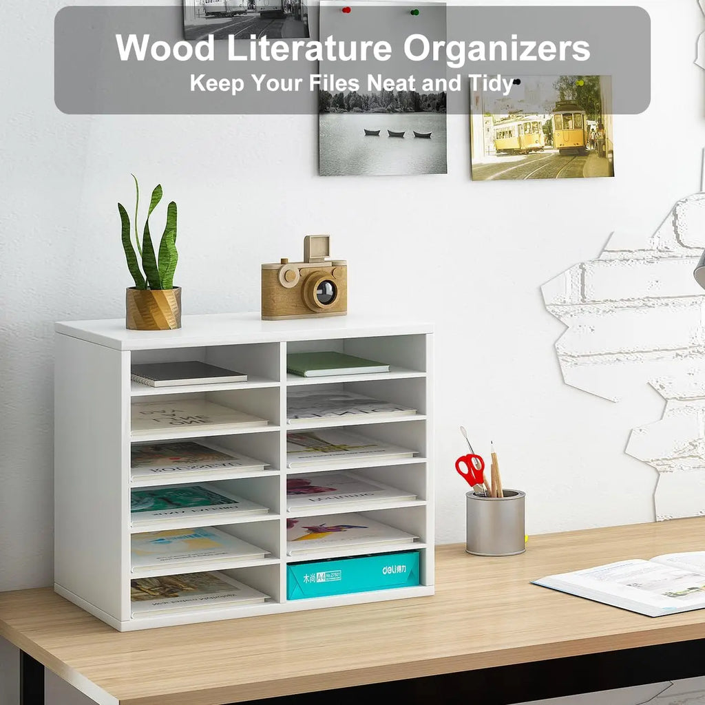 Wooden Desktop Mail Sorter Organizer with 12 Compartments for Office Home School Classroom Storage