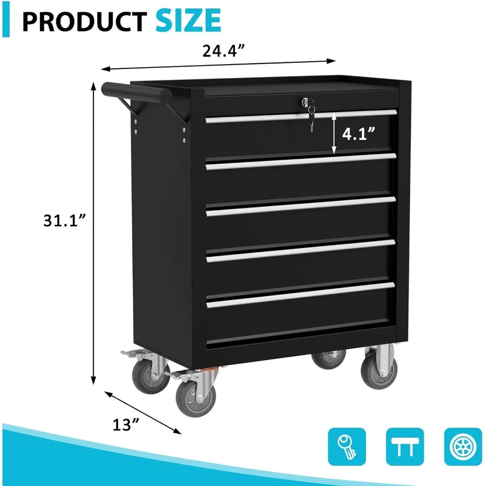 5 Drawers Metal Rolling Tool Chest, Portable Storage Tool Box with Wheels, Toolbox with Lock for Warehouse,Customized