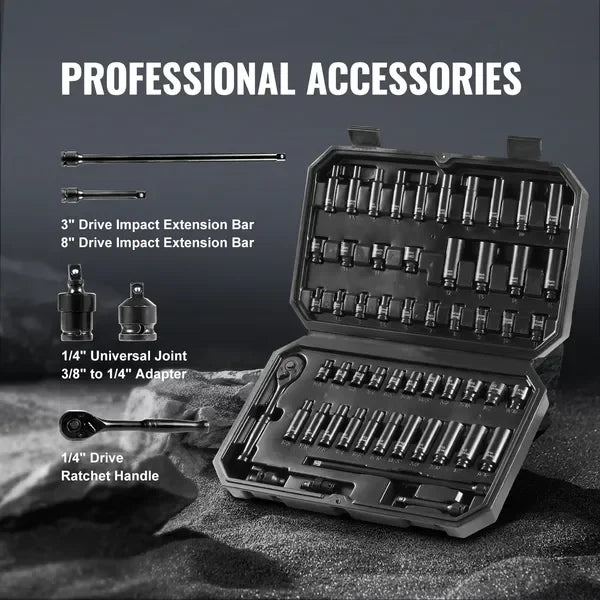 VEVOR Impact Sockets Set 55pcs 6-Point 1/4' Drive Bit Ratchet Tool Kit Case