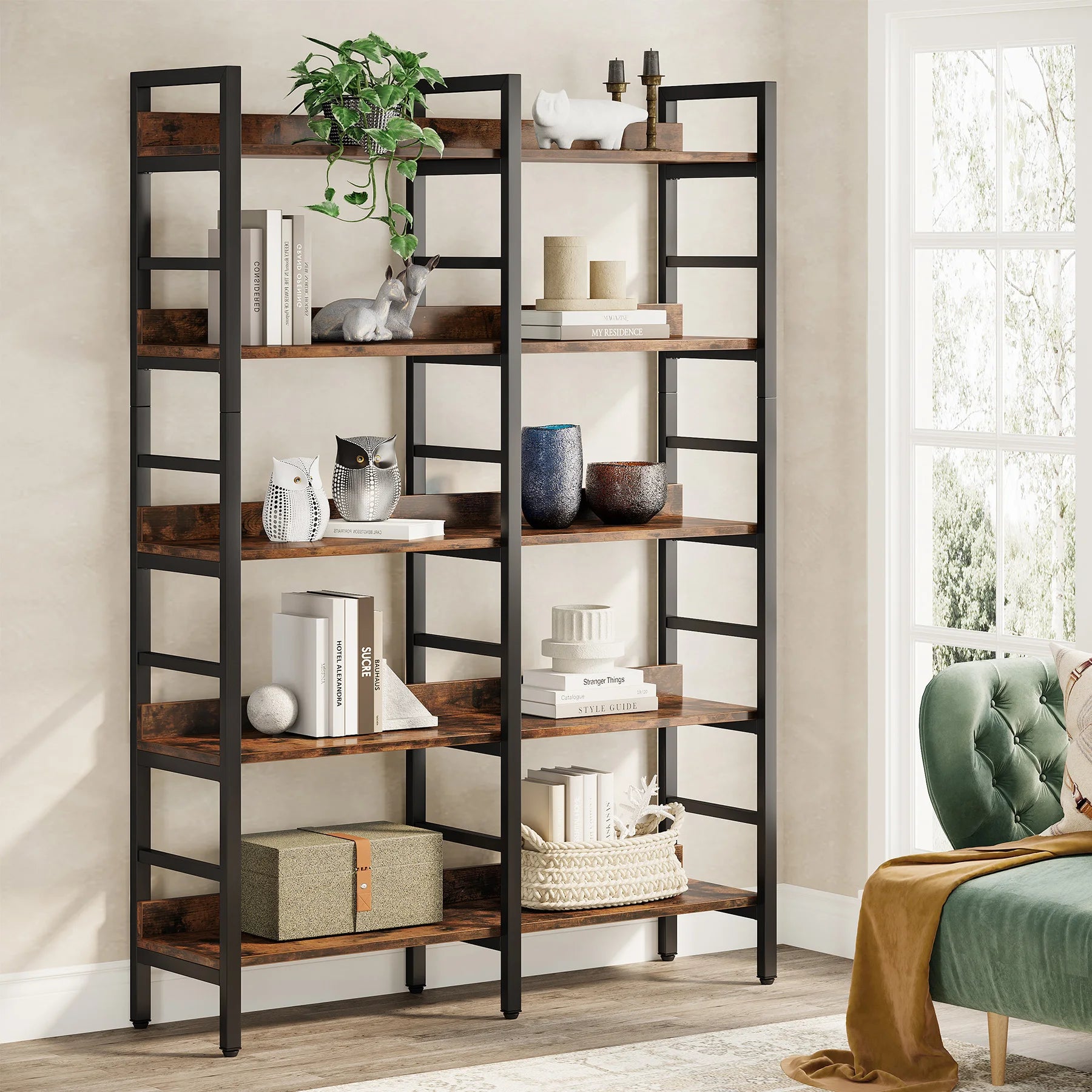 Tribesigns 5-Tier Industrial Bookshelf, 71”H x 47”W Etagere Bookcase, Freestanding Double Wide Book Shelf for Storage