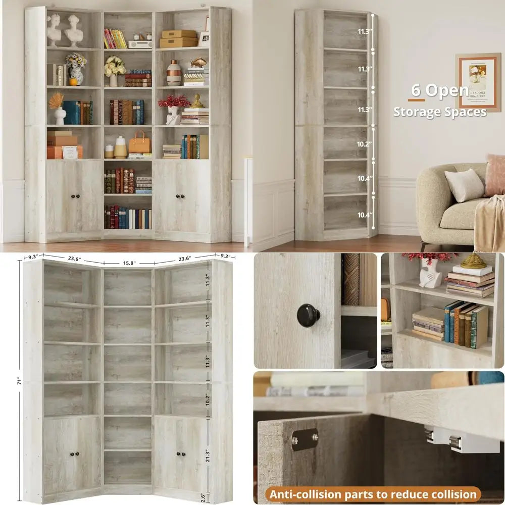 Corner Bookshelf with 7 Tier Shelves and 2 Storage Cabinets, 71 Height Storage Shelves Corner Combination Unit
