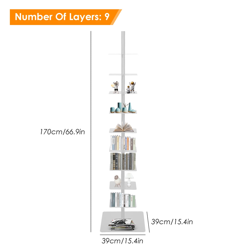 Metal Spine Bookshelf 9-Tier Metal Vertical Bookshelf DIY Spine Book Tower, 67" H Vertical Spine Book Tower
