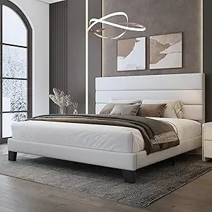 WEEWAY King Bed Frame Platform Bed with Velvet Upholstered Headboard and Wooden Slats Support, Heavy Duty Mattress Foundation, N