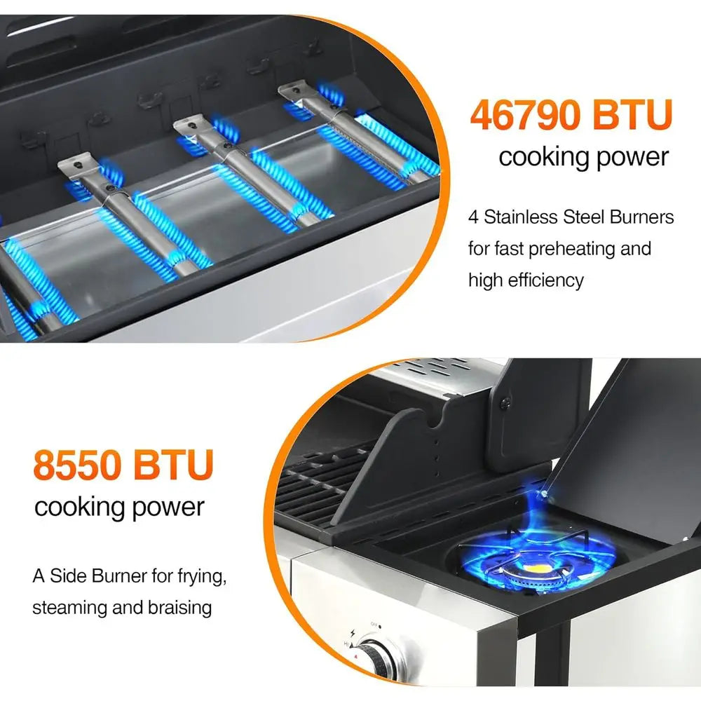 4-Burner 46,790 BTU Outdoor BBQ Grill with Infrared Side Burner, Porcelain Cast Iron Grates, and Stainless Steel Construction fo