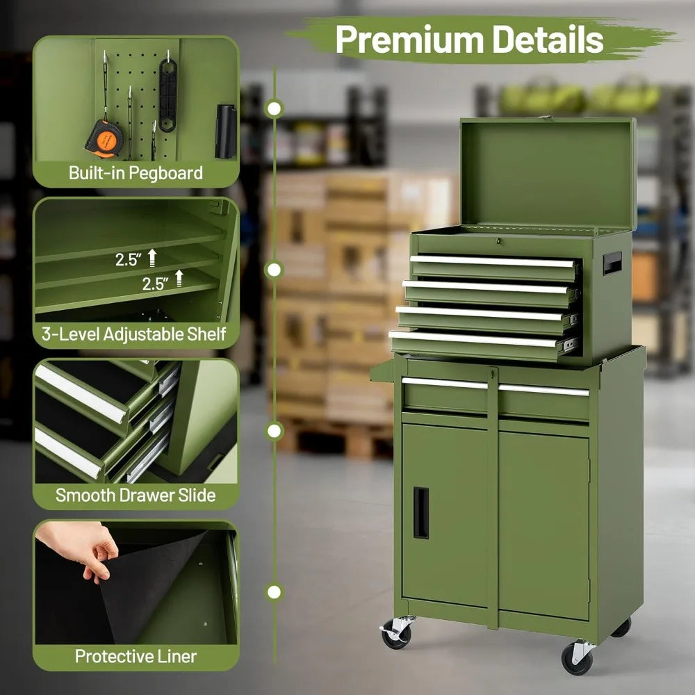 Tool Chest, 5 Drawers Rolling Tool Cabinet with Detachable Top Toolbox, Universal Lockable Wheels, Lock Bar, Protective Liner &
