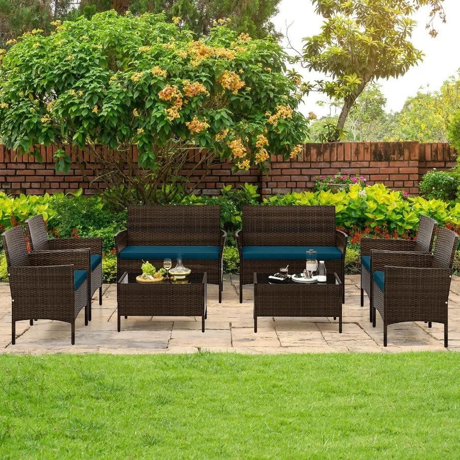 8 Piece Patio Rattan Conversation Set Outdoor Wicker Furniture Set with Chair Loveseat Tempered Glass Table Cozy Seat
