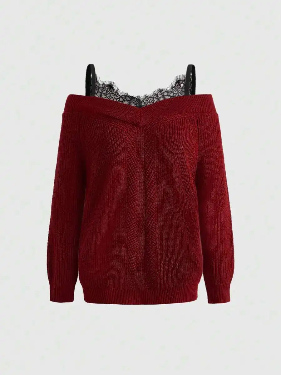 Off Shoulder Lace Trim Knit Pullover Sweater for Women, Loose Fit Elegant Style