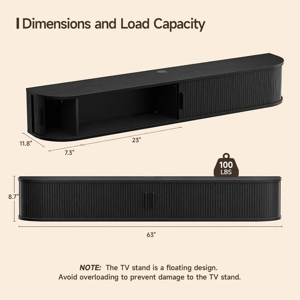 75-Inch TV Floating Stand with Built-In Power Outlet, LED Light Remote Control Fluted Entertainment Center, Mid-Century Modern S