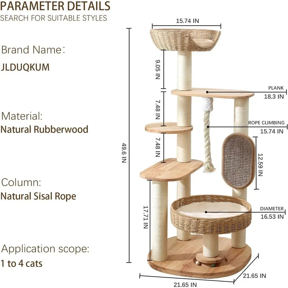 49.6 Tall Wooden Cat Tower with Multi-Level Condo, Scratching Post, and Hand-Woven Bed for Large Indoor Cats