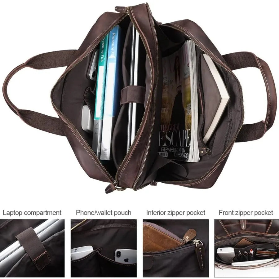TIDING Genuine Leather Briefcase 17 Inch Laptop Messenger Bags for Men Business Travel Case Shoulder Bag