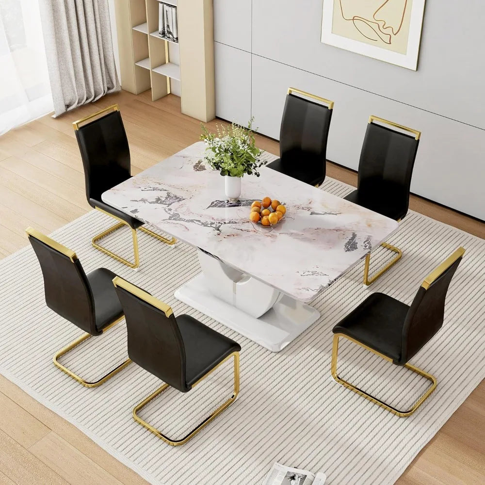 Modern 6-Piece Dining Set with 63 Marble Table and Leather Chairs