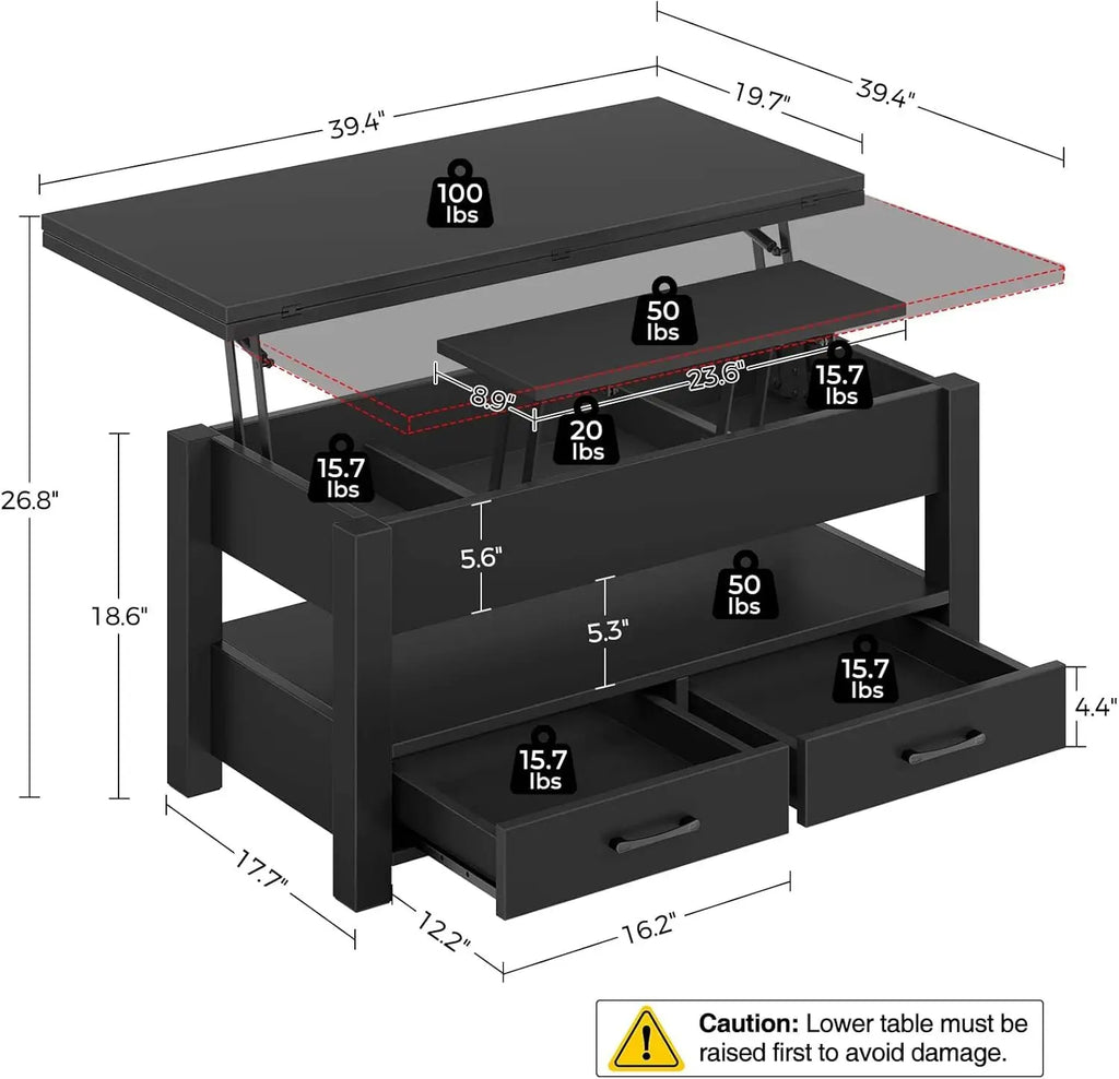 Convertible Lift-Top Coffee Table with Drawers, Hidden Storage, Multi-Function for Living Room and Dining