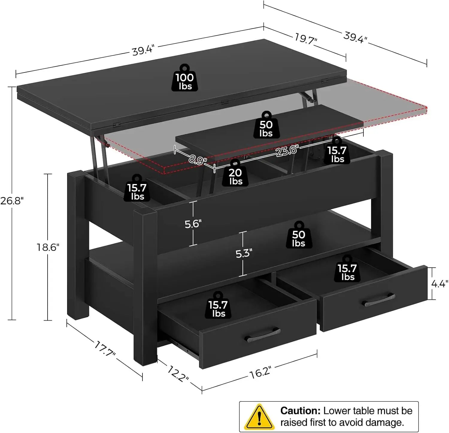 Convertible Lift-Top Coffee Table with Drawers, Hidden Storage, Multi-Function for Living Room and Dining