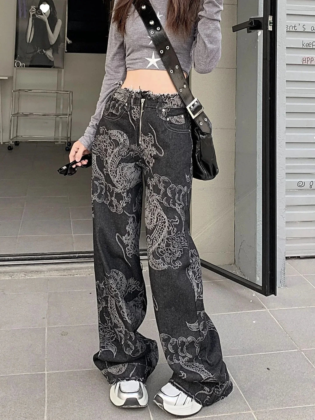 Trendy New Design Sensible Wide-Leg Jeans With Dragon Print For Men And Women Loose-Fit Slimming Harem Pants Fashionable