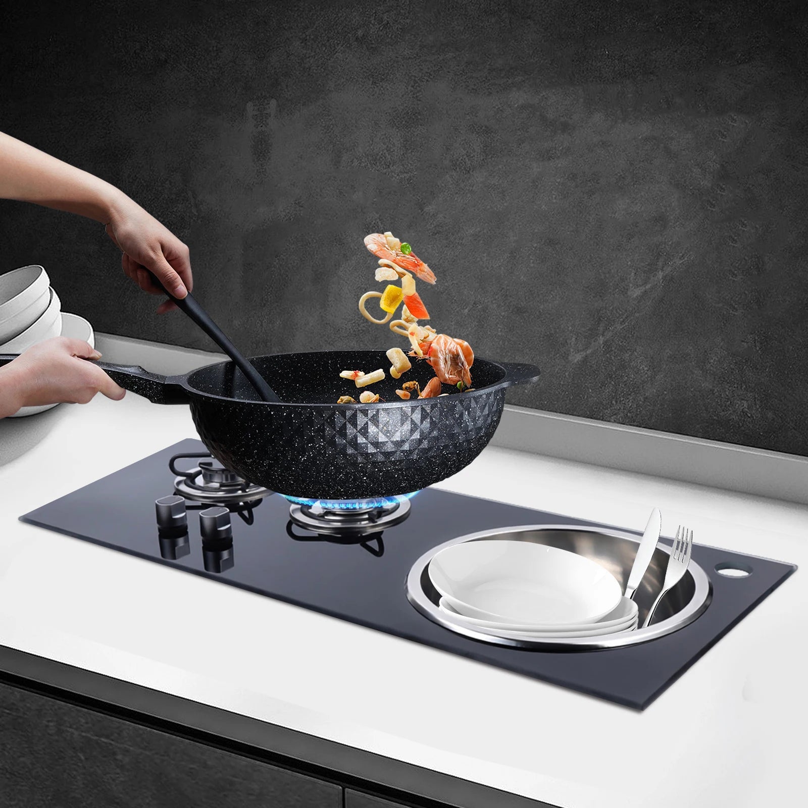 Boat Caravan RV Camper 2 Burner LPG Gas Stove Hob w/ Sink Combo Cooktop Tempered Glass Camping Outdoor Portable Dual Fuel Cooker