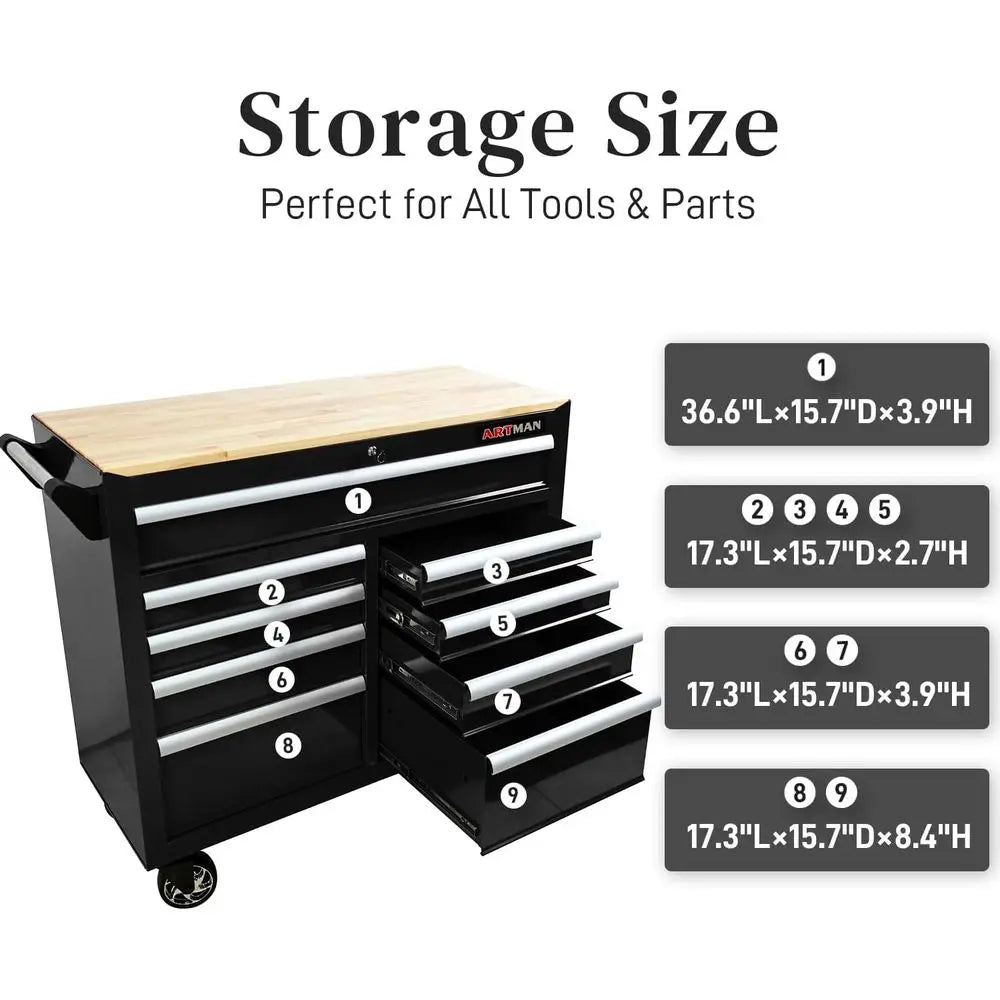 9-Drawer Mobile Tool Chest with Wood Top, Heavy Duty Rolling Workbench for Garage, Workshop, and Repair Shop (Black)