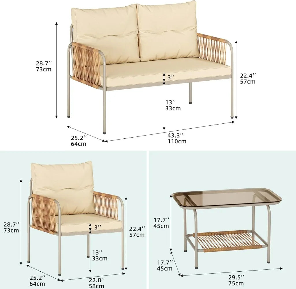 Patio Furniture Set, 4 Pieces Wicker Outdoor Conversation Set, All-Weather PE Rattan Bistro Set with Glass Side Table