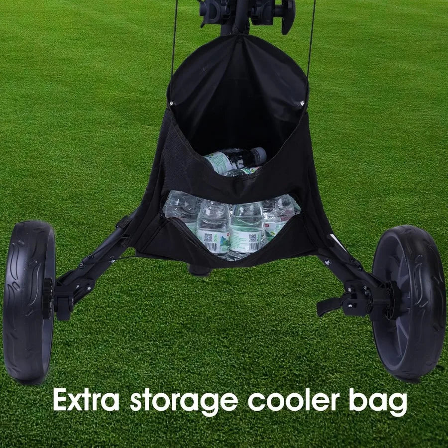 3 Wheel Golf Push Cart : Lightweight Compact Golf Walking Cart with Cooler Flat Fold Golf Trolley with Brake Pull Behind