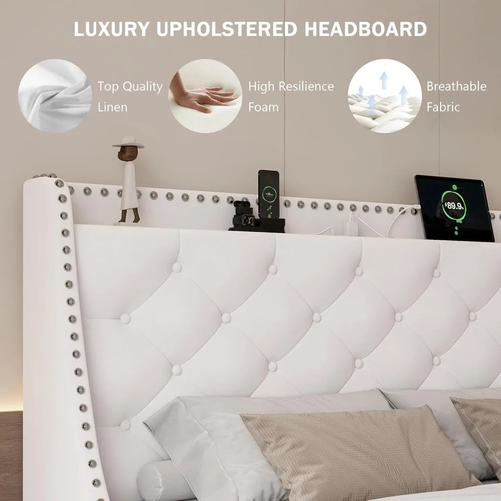 Full Bed Frame with 16 Modern Wingback Button Tufted Storage Headboard, Upholstered Platform Bed with Charging Station, Sturdy W